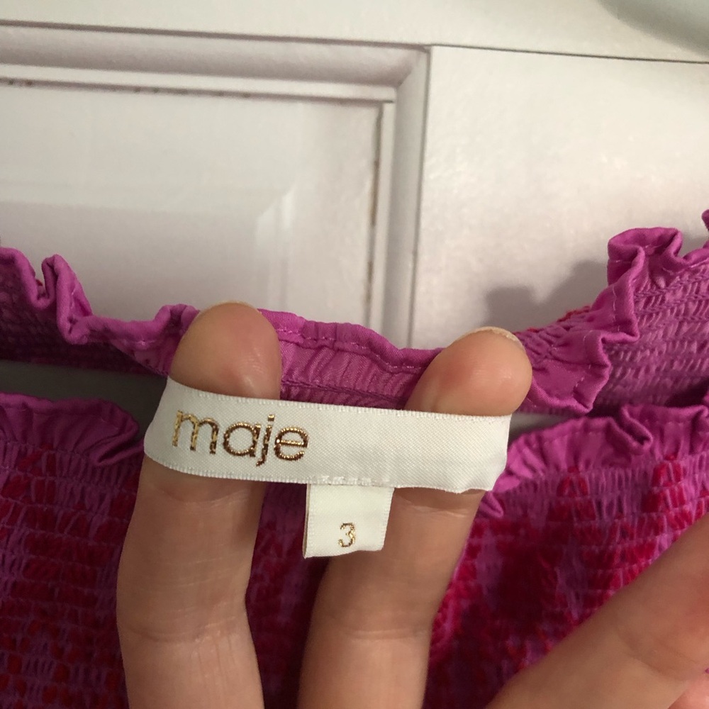 Maje Fuchsia Pink Smocked Off-Shoulder Top - Picture 2 of 5